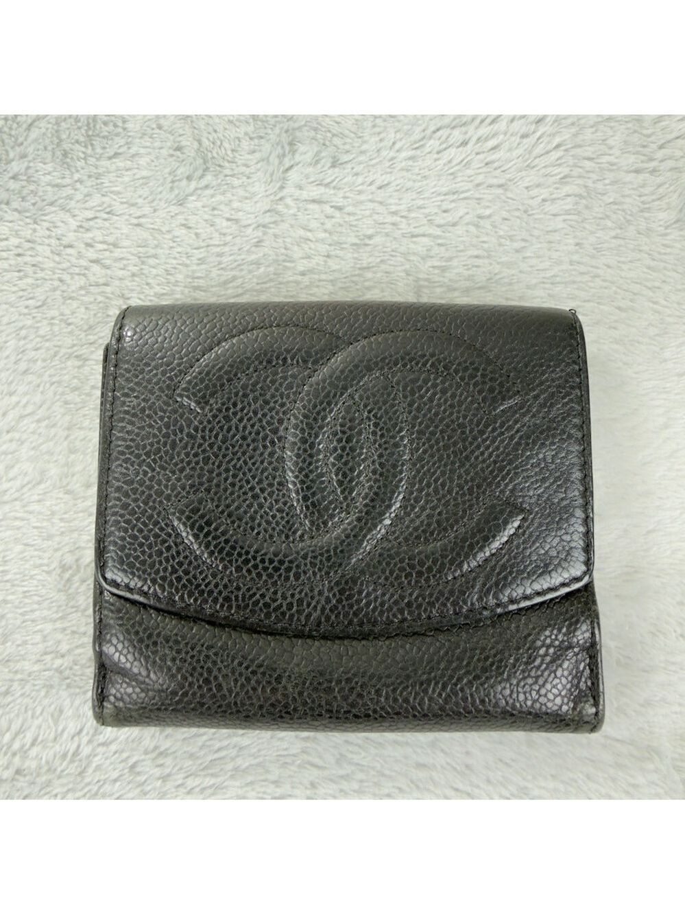 Chanel CC Logo Grained Calfskin Leather Bifold Black Wallet Embroidered